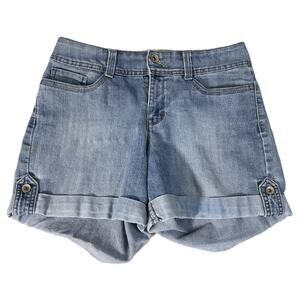 Nine West Women Denim Shorts Size 8 Waist 28 Blue Cuffed Stretch Button Detail